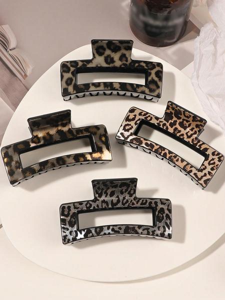 4pcs/Set Medium Leopard Print Square Hair Claws, Versatile Plastic Square Hair Clips, Damage-Free Hair Accessory, Leopard Hair Claw, Suitable For Daily Wear, Parties, Gifts, Autumn/Winter Valentine's Day,Hair Accessories,Claw Clips,Hair Jaw Clip