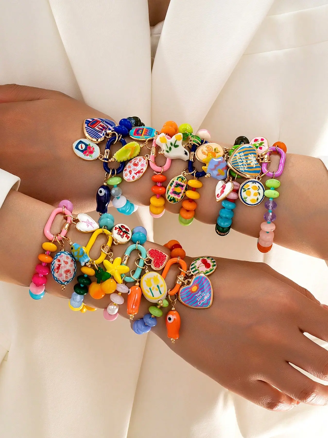 Millennial Style Cute Rainbow Candy Bead Bracelet Set, Bright Enamel Charm Bracelet, Bohemian Layered Bracelet, Trendy Summer Accessory