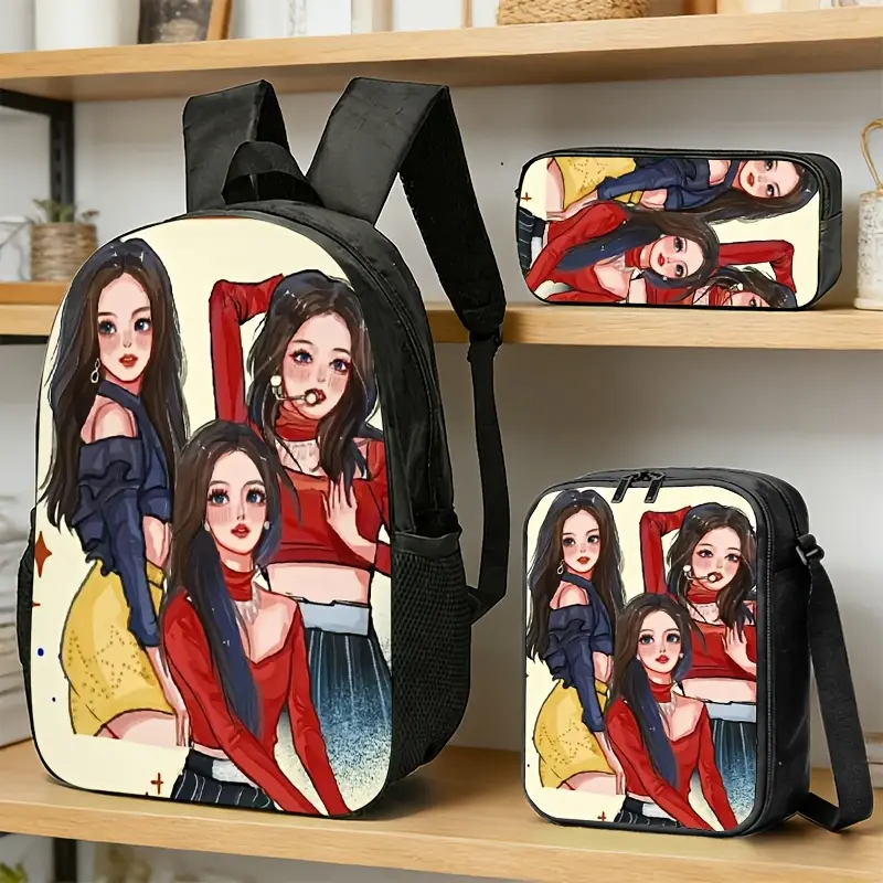 Anime-style Bag Set with Four Female Characters, High-definition Print, Suitable for Commuting, Study, or Casual Outings.