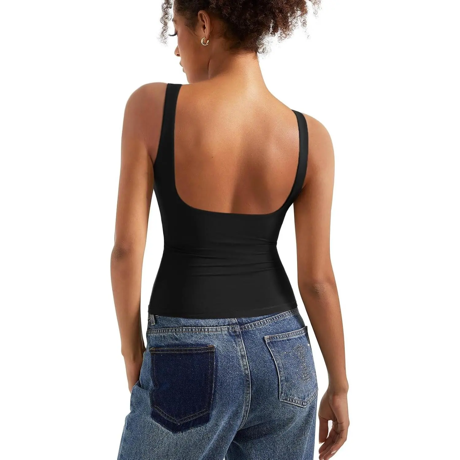 Women Padded Open Back Boat Neck Tank Top Double Lined Backless Sleeveless Built-in Bra Slim Fitted Summer Going Out Top