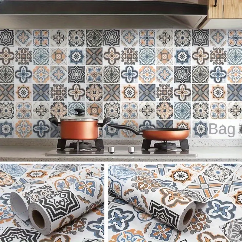 2 Rolls Self-Adhesive Vintage Plaid Wallpaper, Retro Moroccan Style, Peel and Stick, Removable for Living Room Kitchen Bedroom Dorm, Furniture Renovation