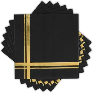 Gold on Black Cocktail Napkins - 100 Pack, 5" x 5", 3-Ply Paper - Style Name: Blissful Crossing