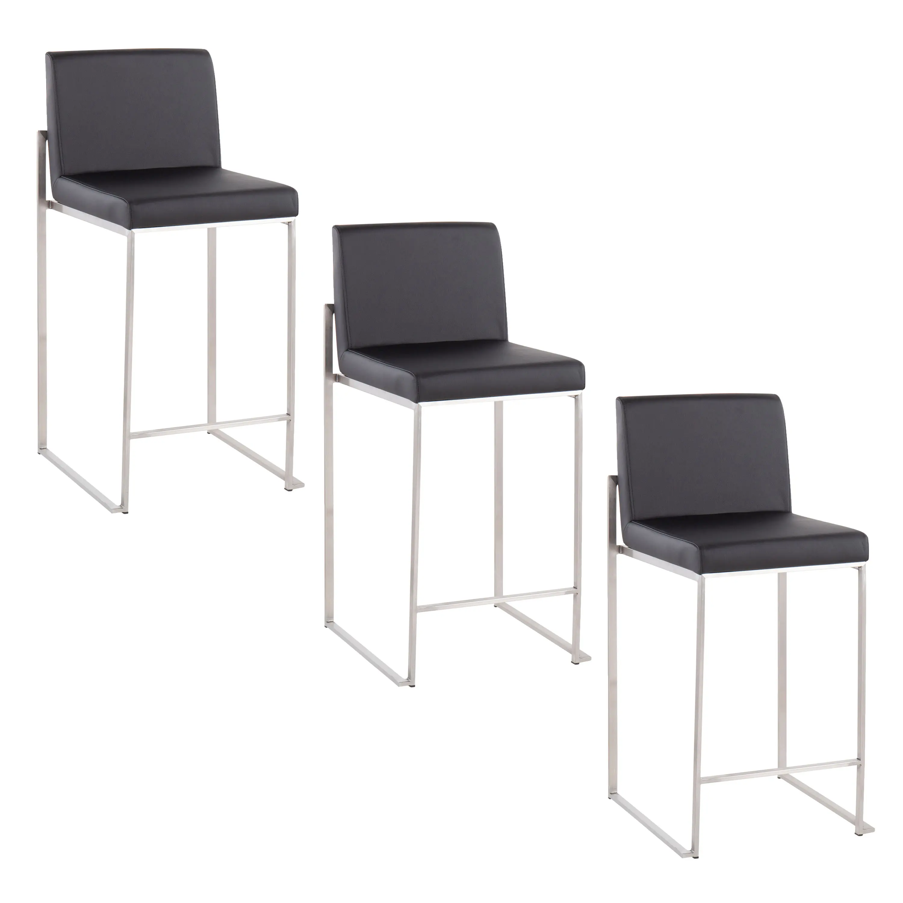 Nokaa High Back Counter Stool Set of 3 – Stainless Steel Frame, Black Faux upholstered Upholstered Bar Stools for Kitchen Island, Home Bar, Dining Room – Modern Contemporary Seating, Multiple Options Available