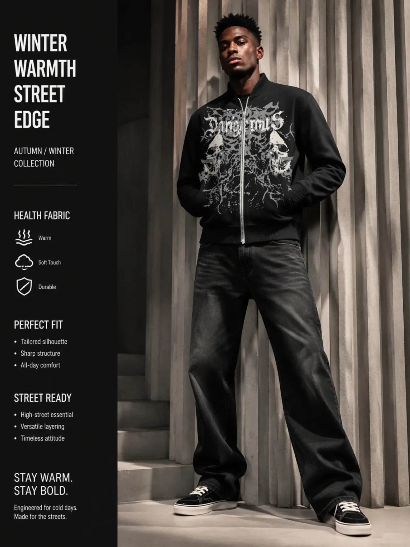 Men's Skull Pattern Zipper Bomber Jacket, Vintage Gothic Baseball Collar Windproof Coat, Heavy Metal Streetwear Fall Winter Outerwear