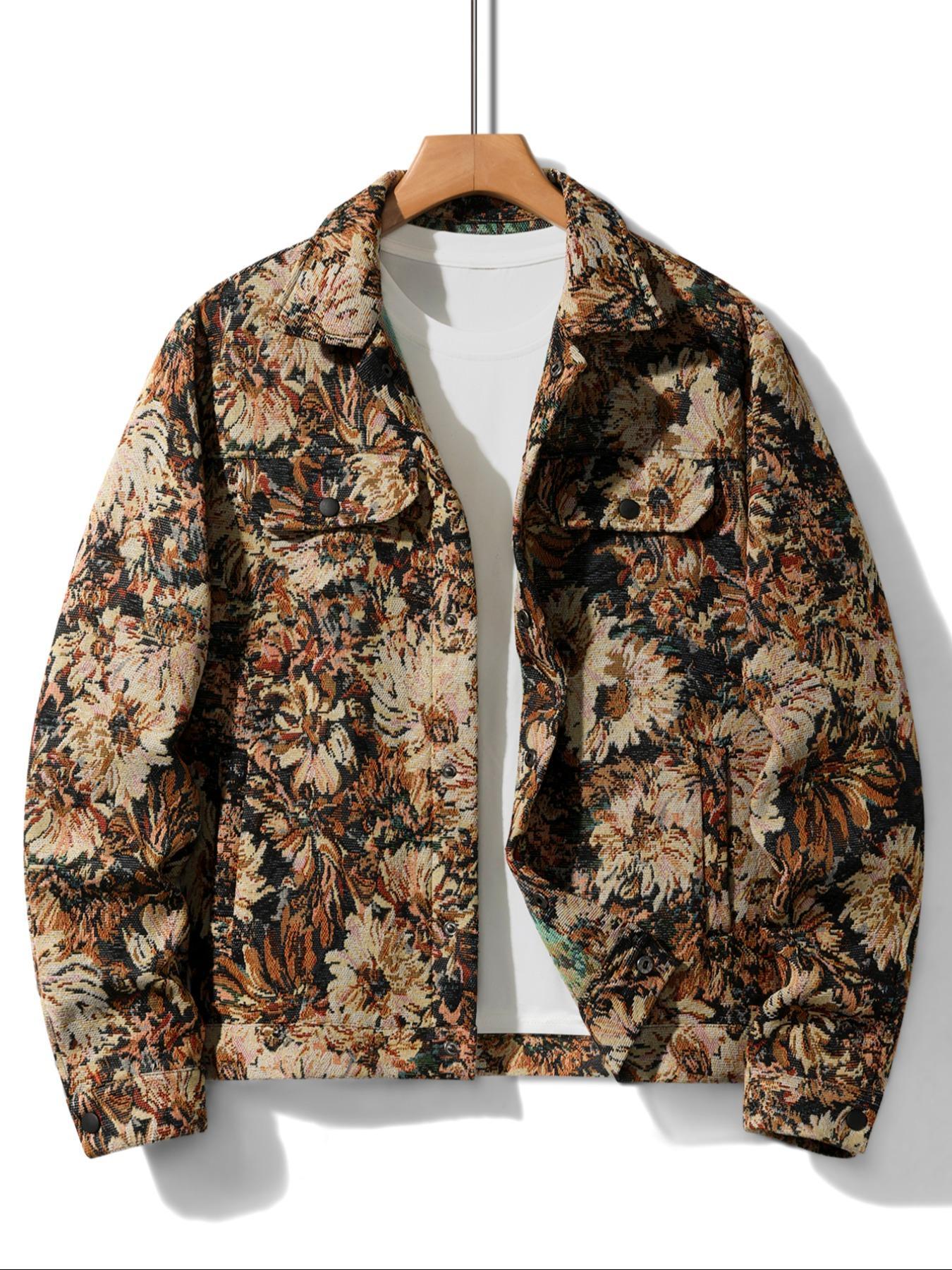 Men's Floral Print Button Front Jacket, Regular Fit Casual Long Sleeve Collared Outerwear for Fall & Winter, Men's Clothes for Daily Wear, Fashion Fit Jacket