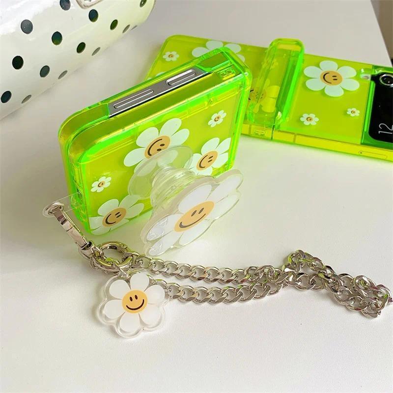 Phone Case For Samsung Galaxy Z Flip 7 FE 6 5 4 3 Fluorescent Green Insert Cards Cute Flower Stand Bracelet Shockproof Cover