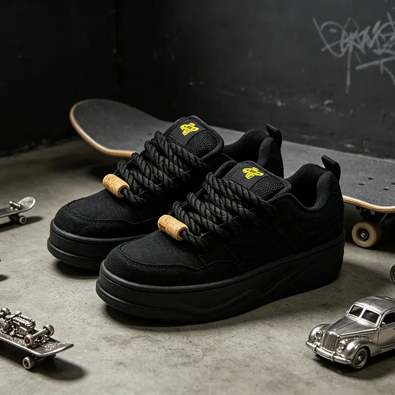 Unisex All Black Thick Rope Lace Platform Sneakers Hip Hop Cork Detail Velcro Chunky Street Skate Shoes Men Women Casual Daily Footwear