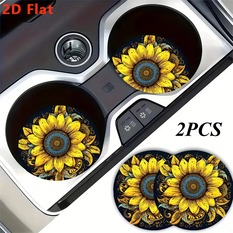 2D Flat,2pcs Golden Sunflower Print Cup Holder Coaster,Car Interior Decor,Non-Slip Vehicle Beverage Mat for Woman and for Man,Halloween,Christmas,Birthday&Daily Gift for Friends, 2D Flat