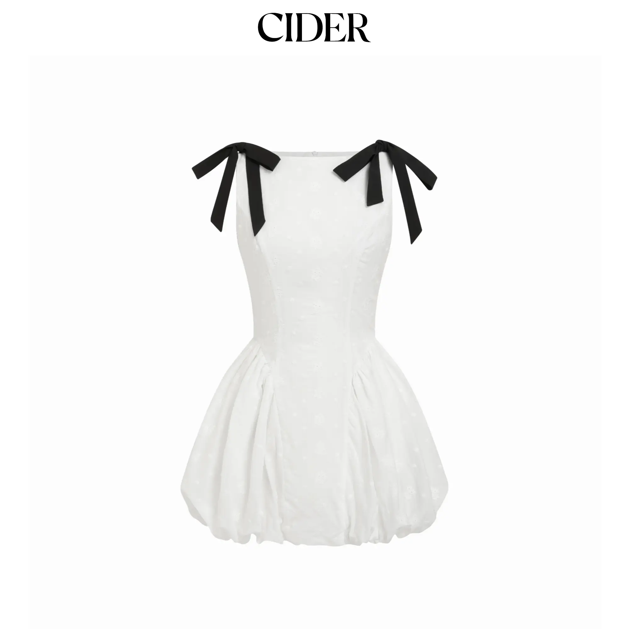 Cider Cotton Boat Neck Embroidery Bowknot Ruched Bubble Mini Dress SummerFinds