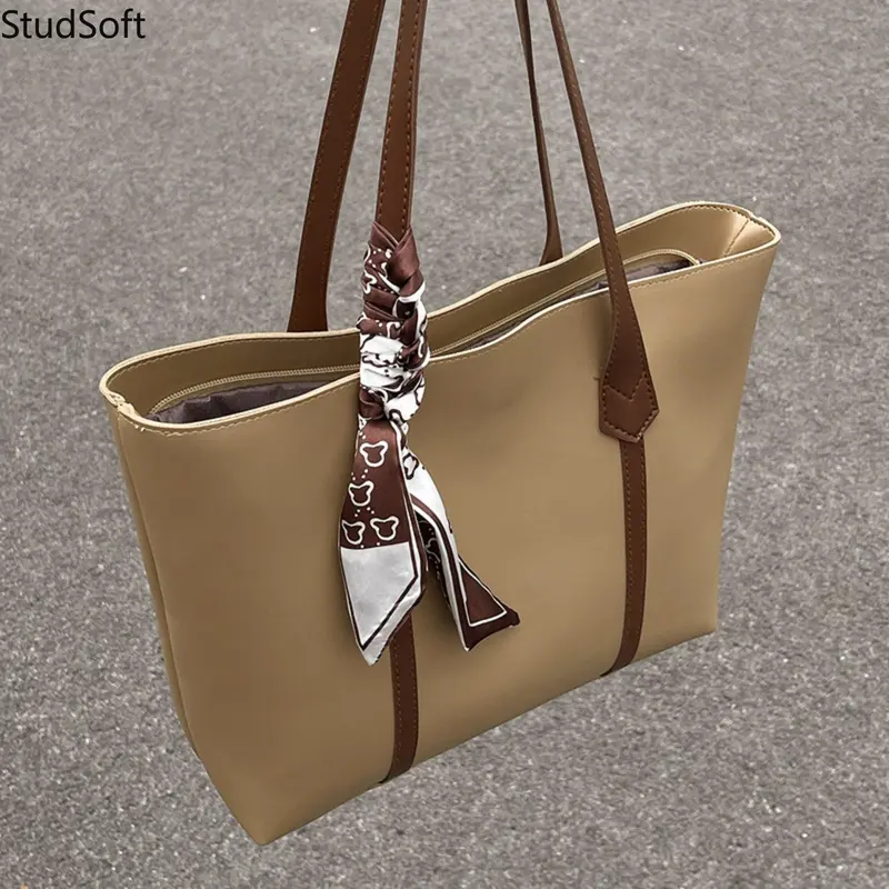 Minimalist Hobo Tote Bag for Women, Casual Khaki Shoulder Handbag with Leather Strap and Silk Scarf for Work or School, Tote Bags, Shoulder Bag,sohochic
