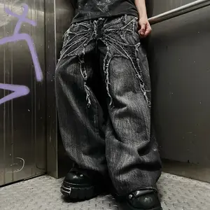 Men's Gothic Baggy Pants Y2K Streetwear Oversized Trousers Spider Embroidered Hip Hop Fashion Wide Leg Retro Denim, must have item, wardrobe staple, trendy style, everyday wear, essential piece, wardrobe essential