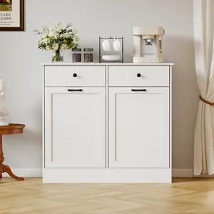 Pet-Proof Double Tilt-Out Trash Can Cabinet - 20-Gallon Freestanding Wooden Garbage Storage with Deodorizer - Kitchen Freestanding,Hidden Drawers for Kitchen & Entryway - White