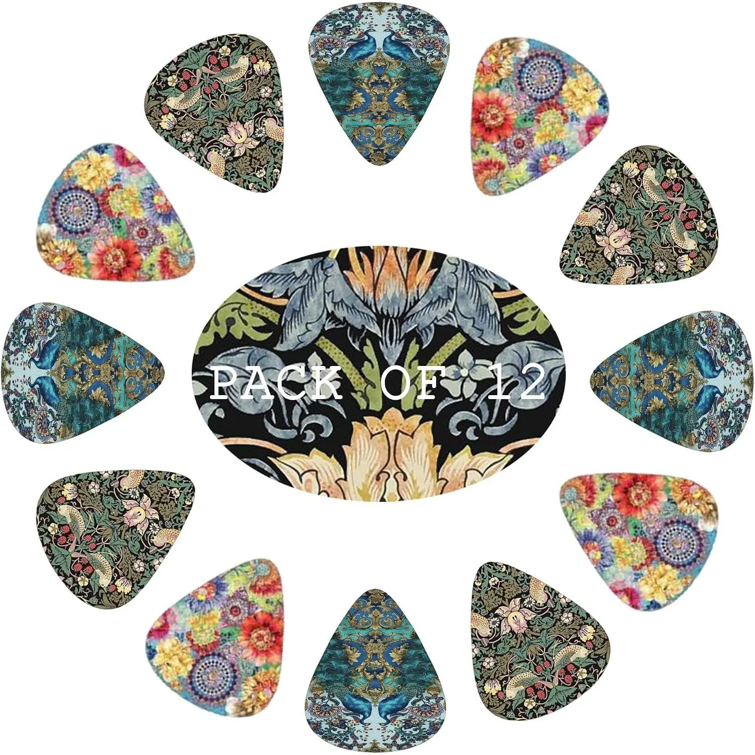 Boho Birds Floral Art Guitar Picks Bass Picks for Acoustic Electric Guitar Ukulele Thin Medium Heavy 12 Pack Multi-color with Case