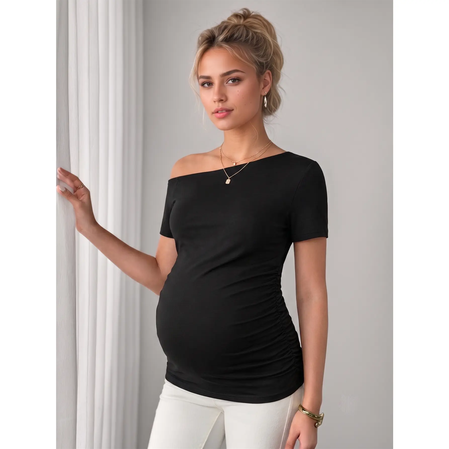 Pregnancy clothesMaternity Black Off-The-Shoulder Short Sleeve Casual Sports Tops - Breathable Summer Style, Short Sleeve Tops