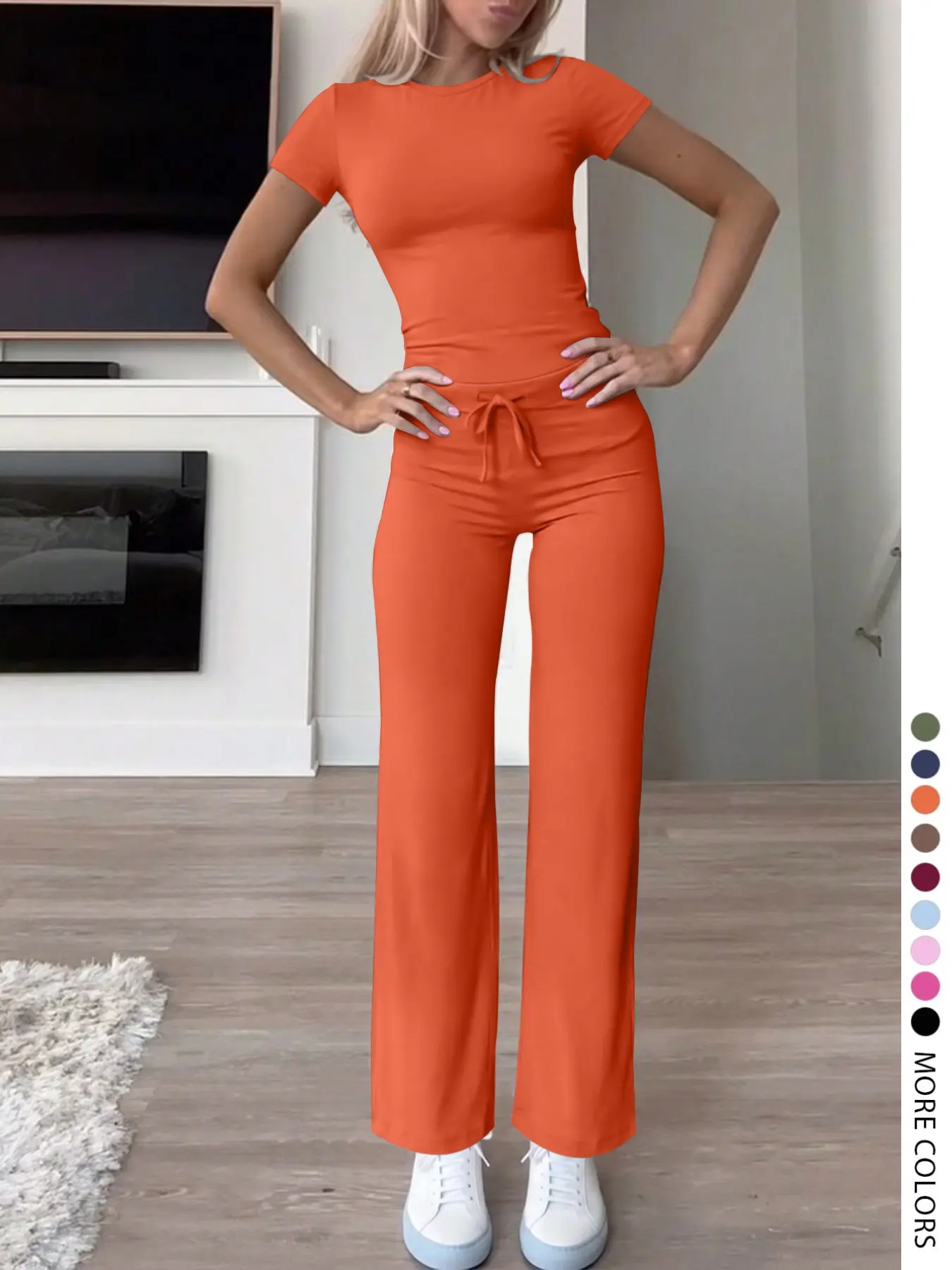 Lw Softvibe Chic BMulti Color Basic Round Neck Short Sleeve Slim Top & Elastic Drawstring Flare Trousers 2 Piece Set, All-Match Soft Knit Loungewear Tracksuit, Versatile Daily Casual Outfit for Women