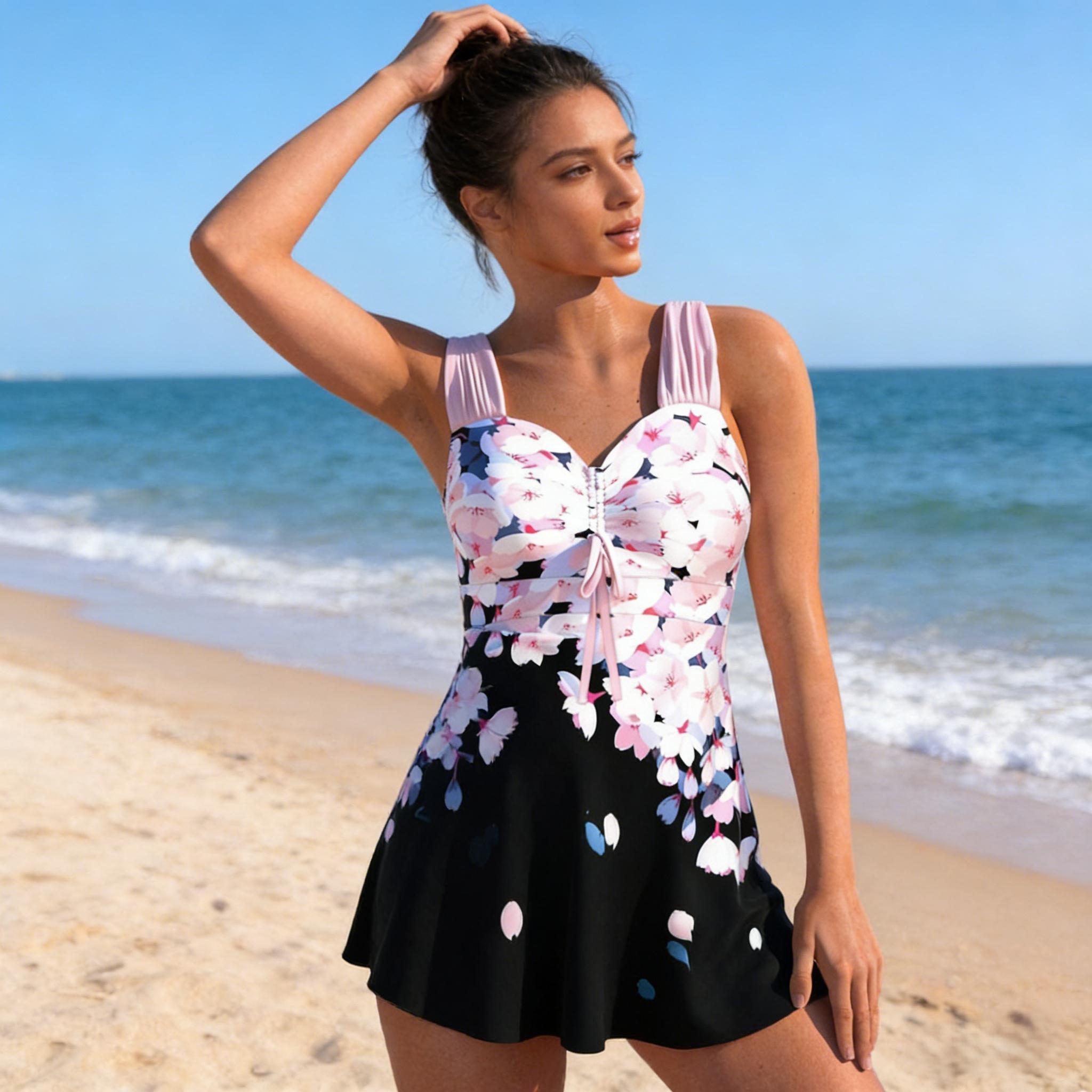 Women's Floral Print Two Piece Tankini Set, Blue Tropical Swimdress with Polka Dot Straps, Modest Tummy Control Bathing Suit with Boyshorts, Plus Size Swimwear, Flattering Beachwear for Summer Vacation & Pool Party