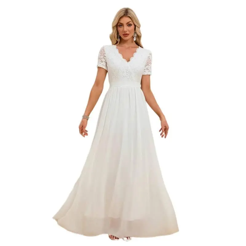 Women 2026 V-Neck Lace Trim Chiffon Patchwork Maxi Dress Waist Fitted Bridal Gown Elegant Evening Dress For Wedding Ceremony Photoshoot Engagement Party Prom Formal Banquet,Floral