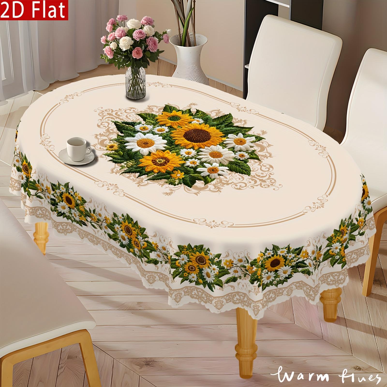 1pc Vintage Sunflower & Daisy Tablecloth - Non-Embroidered European Floral Design, Durable Polyester Rectangular Table Cover for Round/Oval Tables, Kitchen Dining Room Patio Picnic Decor, Easy-Clean Vintage Home Decor, Machinemade Textile, Sunflower Kitch