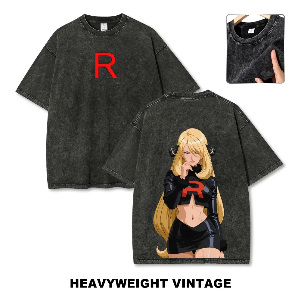 Unisex Cynthia, Team Rocket Champion Trainer Graphic Washed T-Shirt Personalized Pattern Y2k Clothing Round Neck Washed T-Shirt,Women's Clothing 100% Cotton, Menswear, Top, Vintage Style,Summer Casual Oversized