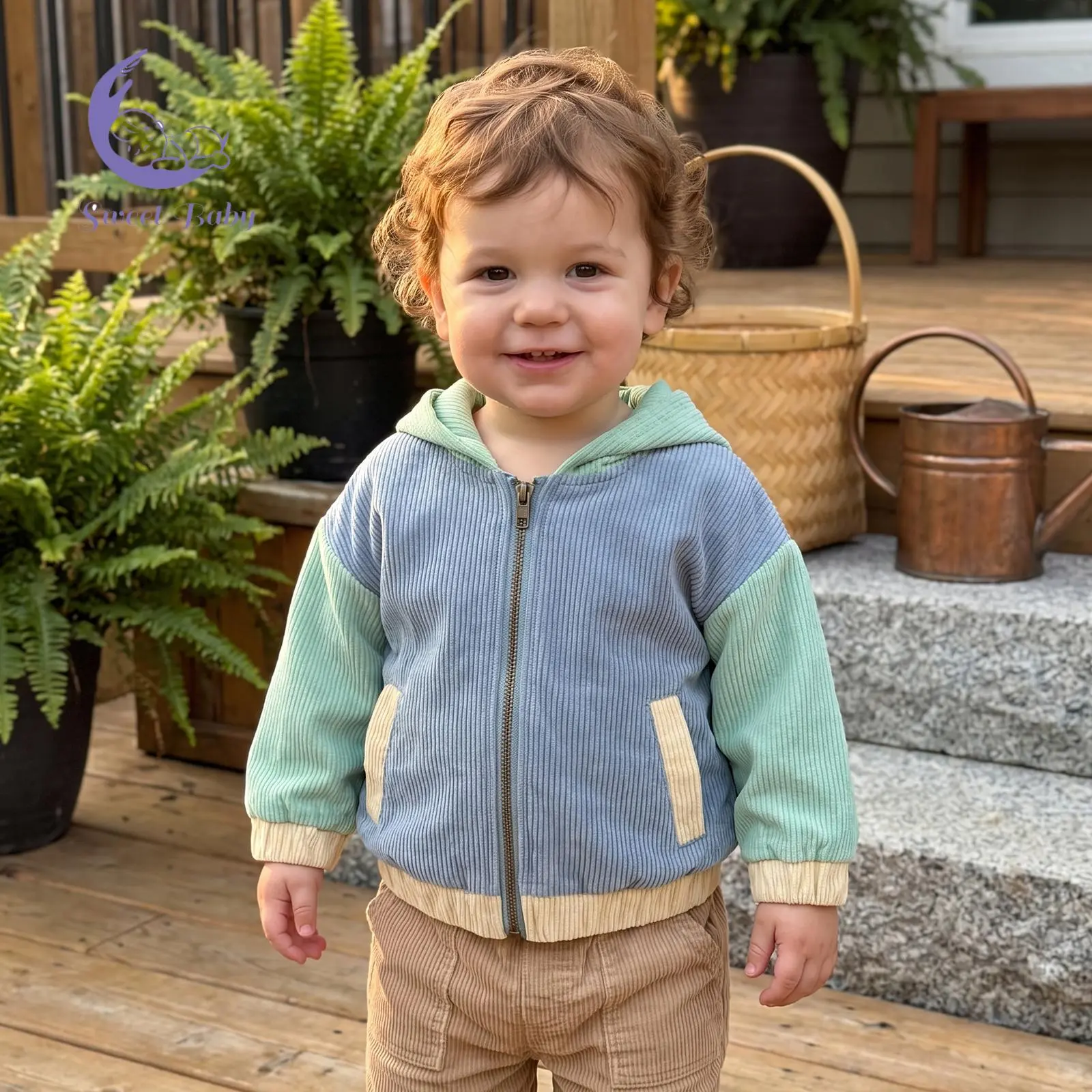 Baby Corduroy Jacket Contrast Color Long Sleeve Hooded Zip Up Outerwear