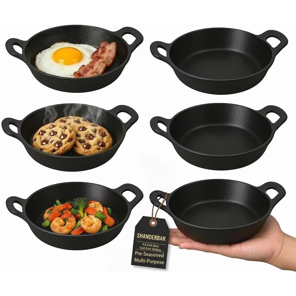 Rustic Sturdy Compact 6-Piece Mini Cast Iron Skillets (4.8" dia., 1.3in H) - Oil-Compatible Small Handled Round Black Cookware for Frying, Baking, Serving