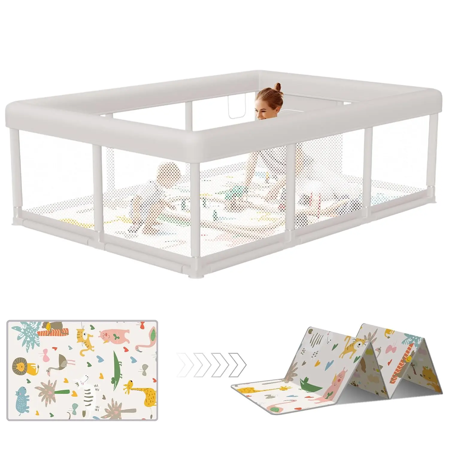 Baby Playpen 74x50 in PlayPen for Babies and Toddlers, Large Play Yards for Indoor & Outdoor with Zipper Gates, Breathable Mesh with Mat
