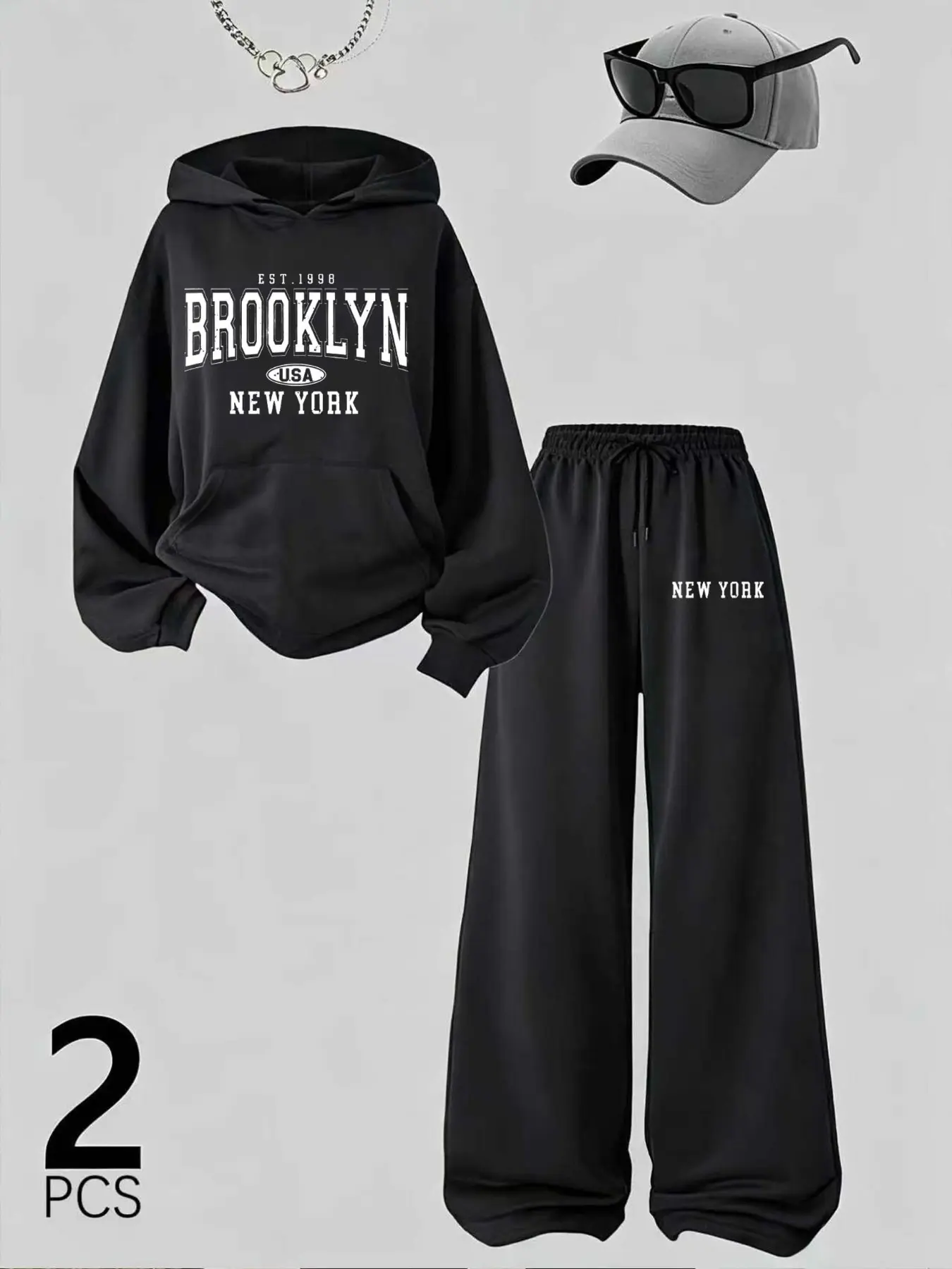 Women's Brooklyn Letter Hoodie and Wide Leg Pants Set, Casual Loose Fit, Fall Winter Fashion, Retro Street Style, Multiple Colors Available
