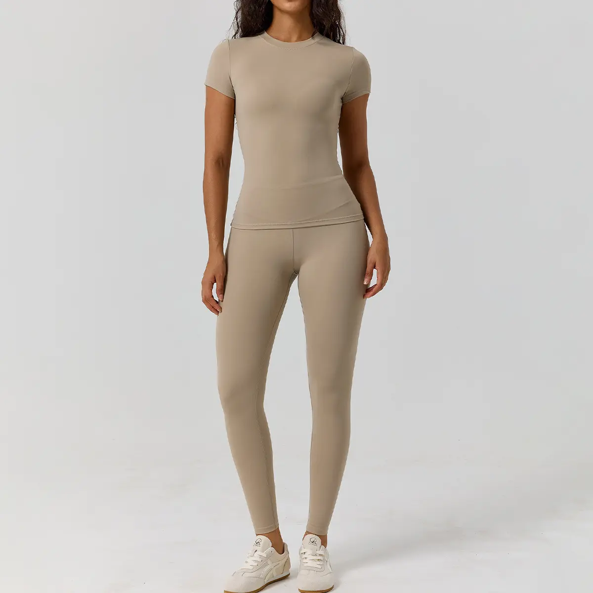 Women's Solid 2-Piece Activewear Set, Crew Neck Short Sleeve Top & High Waist Full Length Leggings, Quick Dry Stretchy Outfit for Yoga Gym Workout Daily Casual Wear