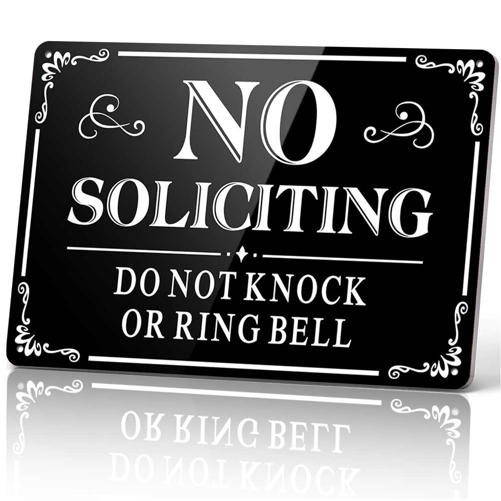 No Soliciting Do Not Knock Or Ring Bell Metal Sign 12x8 In Aluminum, Vintage Front Door Tin Sign, Retro No Soliciting Wall Art for Home, Porch, Entryway, Funny Do Not Knock Plaque, 12x8 Inch Aluminum Sign
