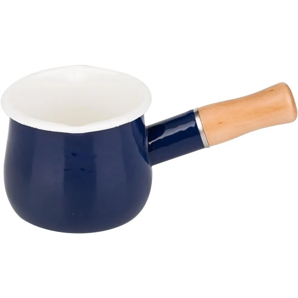 Enamel Milk Pot Butter Warmer Non-stick Mini Saucepan 4 Inch 17 Oz Small Cookware with Wooden Handle Blue