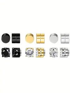 6 Pairs Fashion Street Style Stainless Steel Zircon Magnetic Ear Cuffs, Unisex Non-Piercing Jewelry, Acupressure Patch