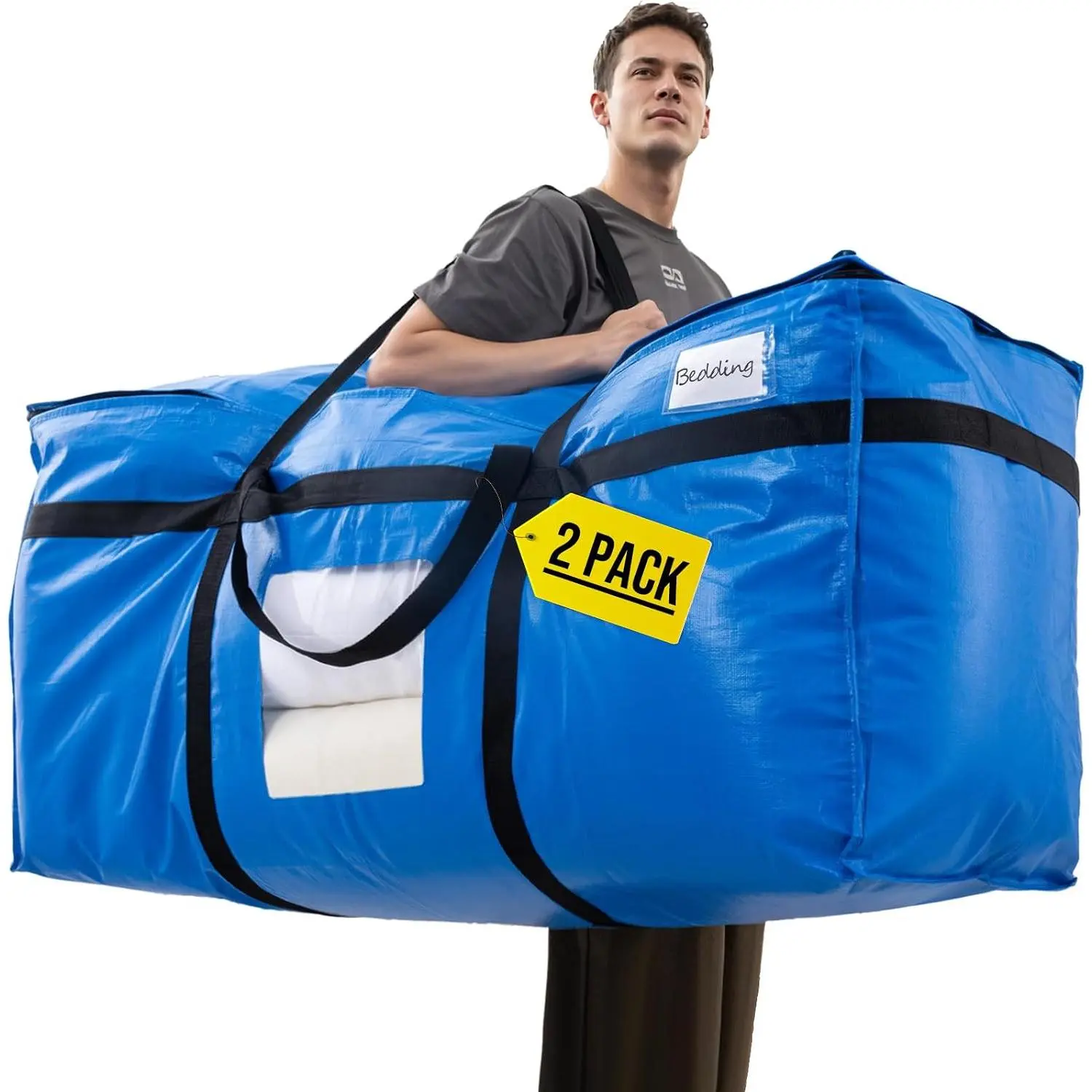 69 Gallon  Storage Bags, XXL Blue Heavy Duty Moving Bags For Storage with Visible Window, Wrap Around Handles,  for Space Saving, Alternative to Moving Boxes (2 Pack)