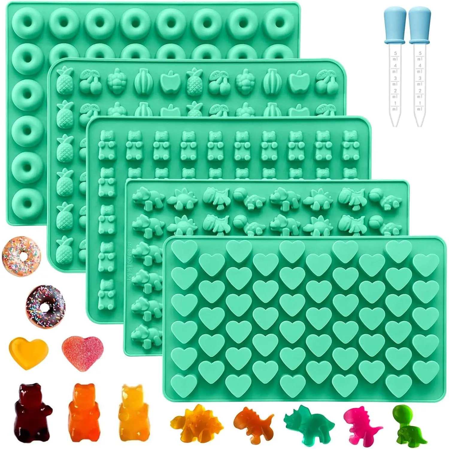 Silicone Gummy Molds Set of 5, Candy Molds Silicone with 2 Droppers for Convenient Filling, Gummy Molds Set Includes Dinosaur, Bear, Donut (5 Molds)