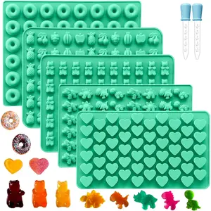 Silicone Gummy Molds Set of 5, Candy Molds Silicone with 2 Droppers for Convenient Filling, Gummy Molds Set Includes Dinosaur, Bear, Donut (5 Molds)