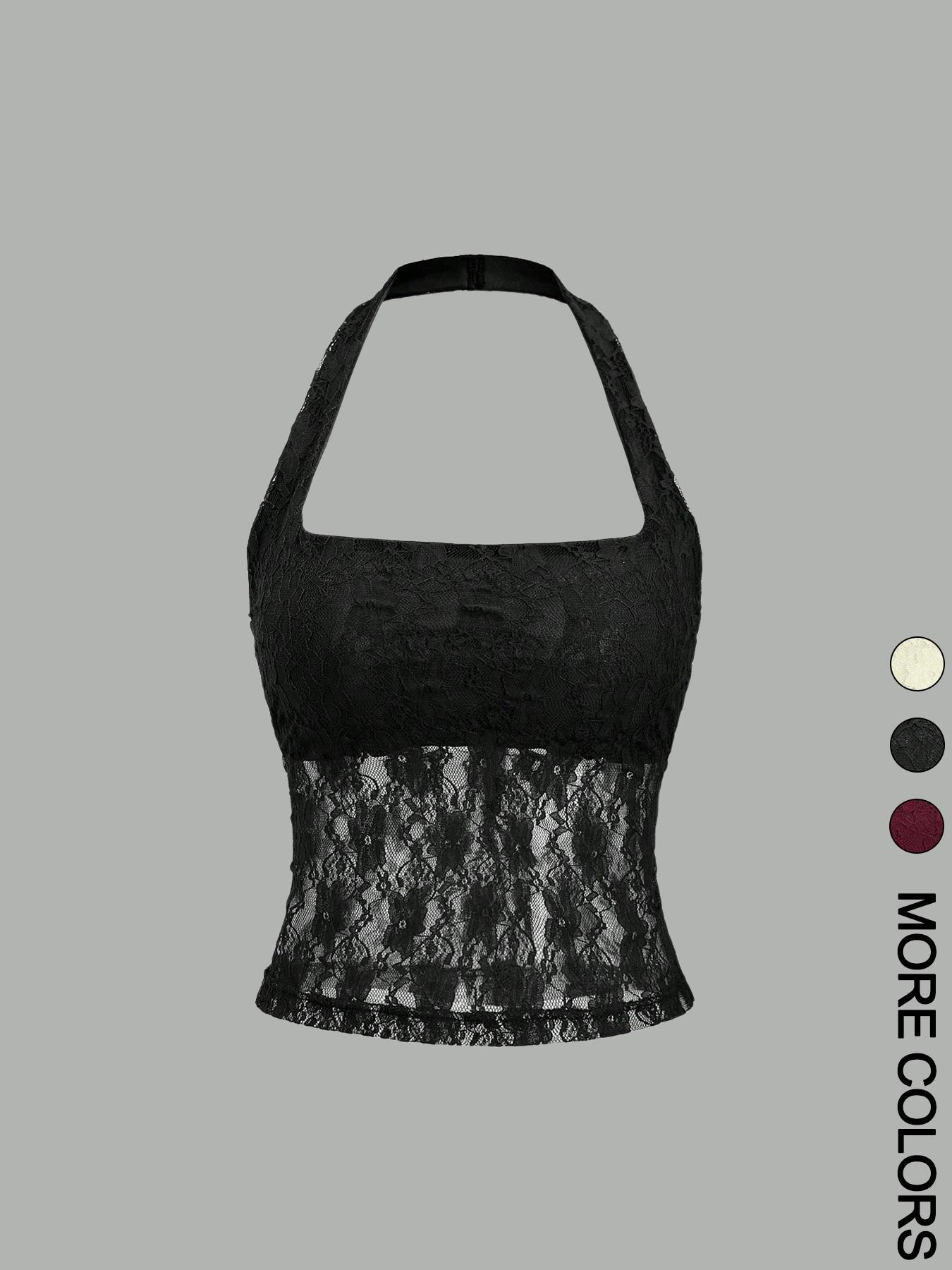 Women's Plain Floral Lace Halter Neck Top, Elegant Sleeveless Top for Party Vacation, Ladies Clothes for Summer, Casual Sleeveless Cami, Womenswear