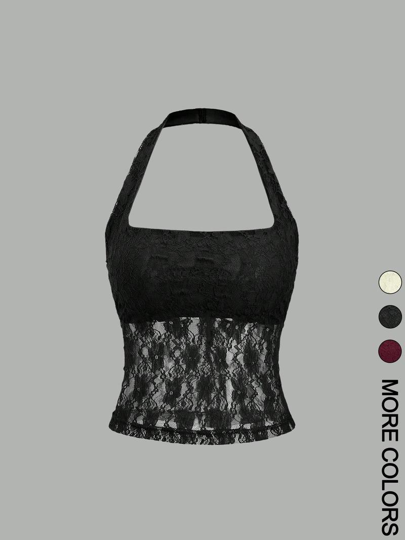 Valentine's Day Women's Plain Floral Lace Halter Neck Top, Elegant Sleeveless Top for Party Holiday Vacation, Ladies Clothes for Summer, Womenswear