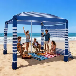【DealsForYouDays】VEVOR Beach Cabana, 8x 8 ft Beach Canopy with Side Wall, UPF 50+ Protection Easy Setup Cabana Tent with Sand Pockets, Adjustable Height Portable Shade Sun Shelter Umbrella for Family, Navy Stripes