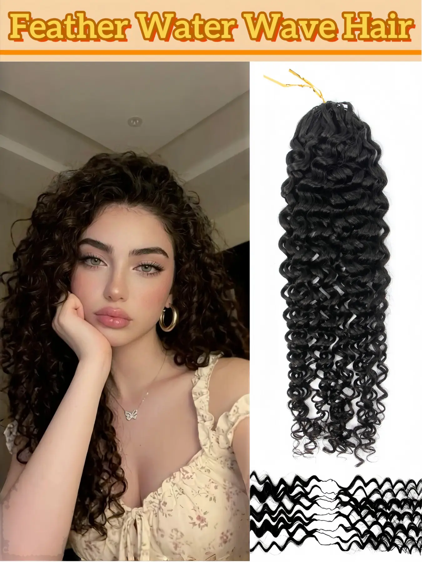 Feather Water Wave Human Hair Extensions, Dyeable, Bleachable, Curlable, Tangle-Free, No Shedding, Multiple Lengths, Ideal for Thin Hair