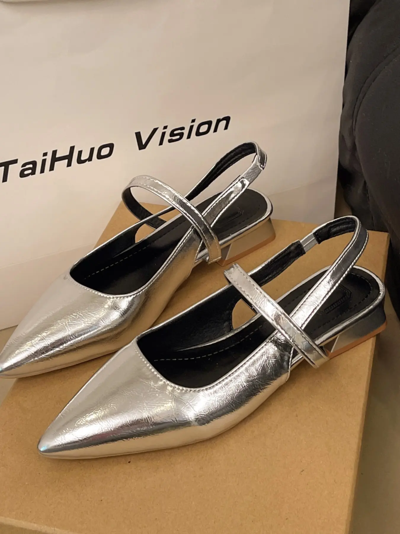 Women Crinkled Faux Leather Pointed Toe Single Front Strap Elastic Slingback Low Block Heel Pumps, Soft Cushioned Anti-Slip Low Heel Shoes, Daily Office Dating Casual Formal Footwear, 4 Colors Black Off White Silver Brown