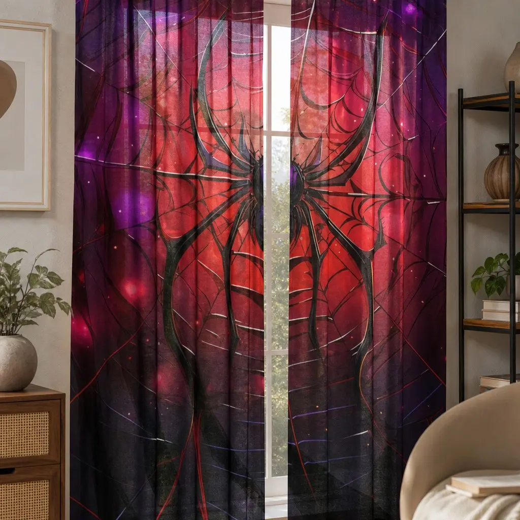 Spider Pattern Semi-Transparent Curtains, Rod Pocket Design for Living Room, Bedroom, Game Room, Polyester