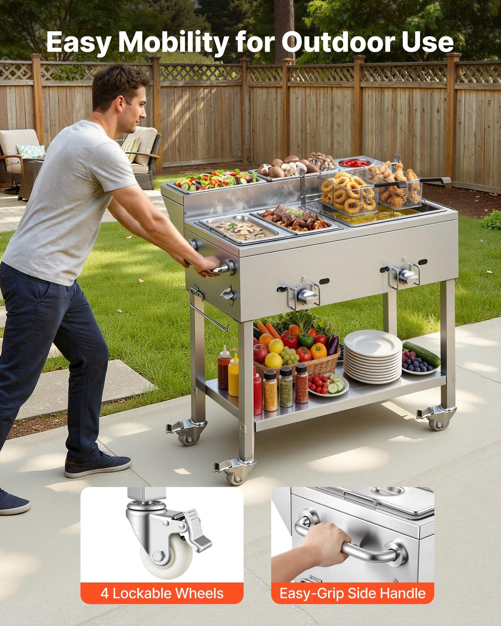 VEVOR Outdoor Propane Deep Fryer, 2 Burners (11,600 BTU Each), Commercial Fryer with Two 1/3 Size Food Warming Pans, Multi-Purpose Frying Cart with 4 Lockable Wheels, for Fried Chicken & Fries