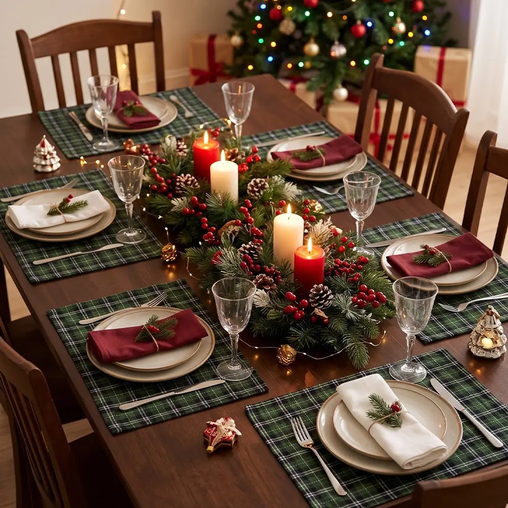 Christmas Table Runner or Placemats, and Checkered, Thick Fabric, 180gsm, Ideal for Christmas Table Decor, Restaurant Furniture Decoration