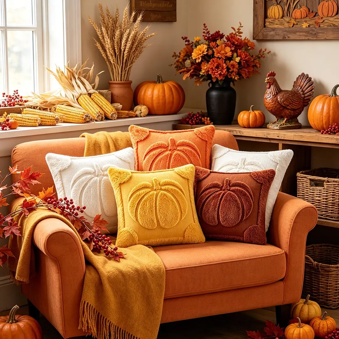 2-Pack Vintage Soft Pumpkin Jacquard Cushion Covers, 18x18/20x20 Inches, Pure Color Plush, Couch Cushion Covers, Ideal for Living Room, Christmas, Halloween Decor
