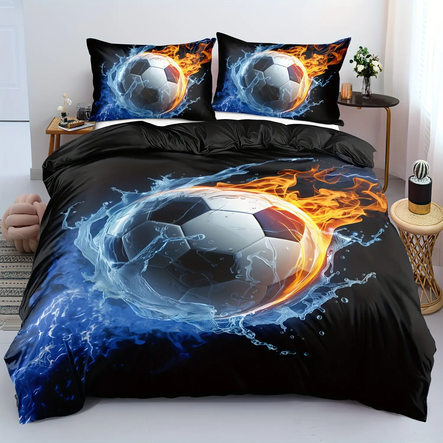 3/2 piece down duvet cover set, soft and comfortable, football duvet cover set for single bed, football room decoration bed, boys' sports down duvet cover for single bed, boys' personal football bedding set, boys' football single bed set (1 * duvet cover