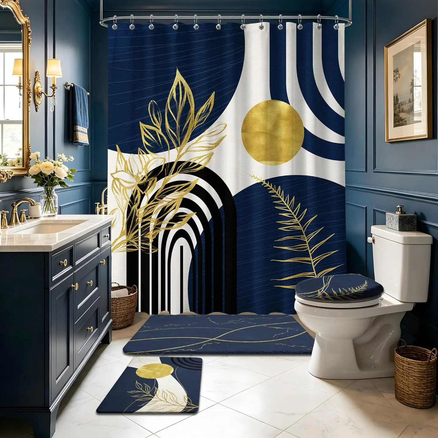 4-Piece Minimalist Navy Blue Waterproof Shower Curtain Set - Thick, Washable Mid-Century Modern Bathroom Decor with Bath Rug, Toilet Lid Cover for Masculine Spaces, Bathroom Accessory, Water Proof