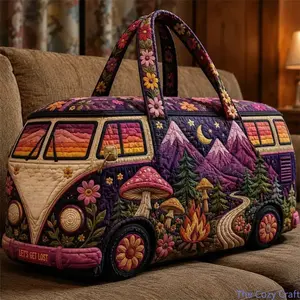 Women Quilted Boho Hippie Van Duffel Bag, Purple Mountain & Mushroom Print Large Capacity Weekender Travel Bag, Overnight Carry Tote for Camping, Road Trips, Gym & Vacations