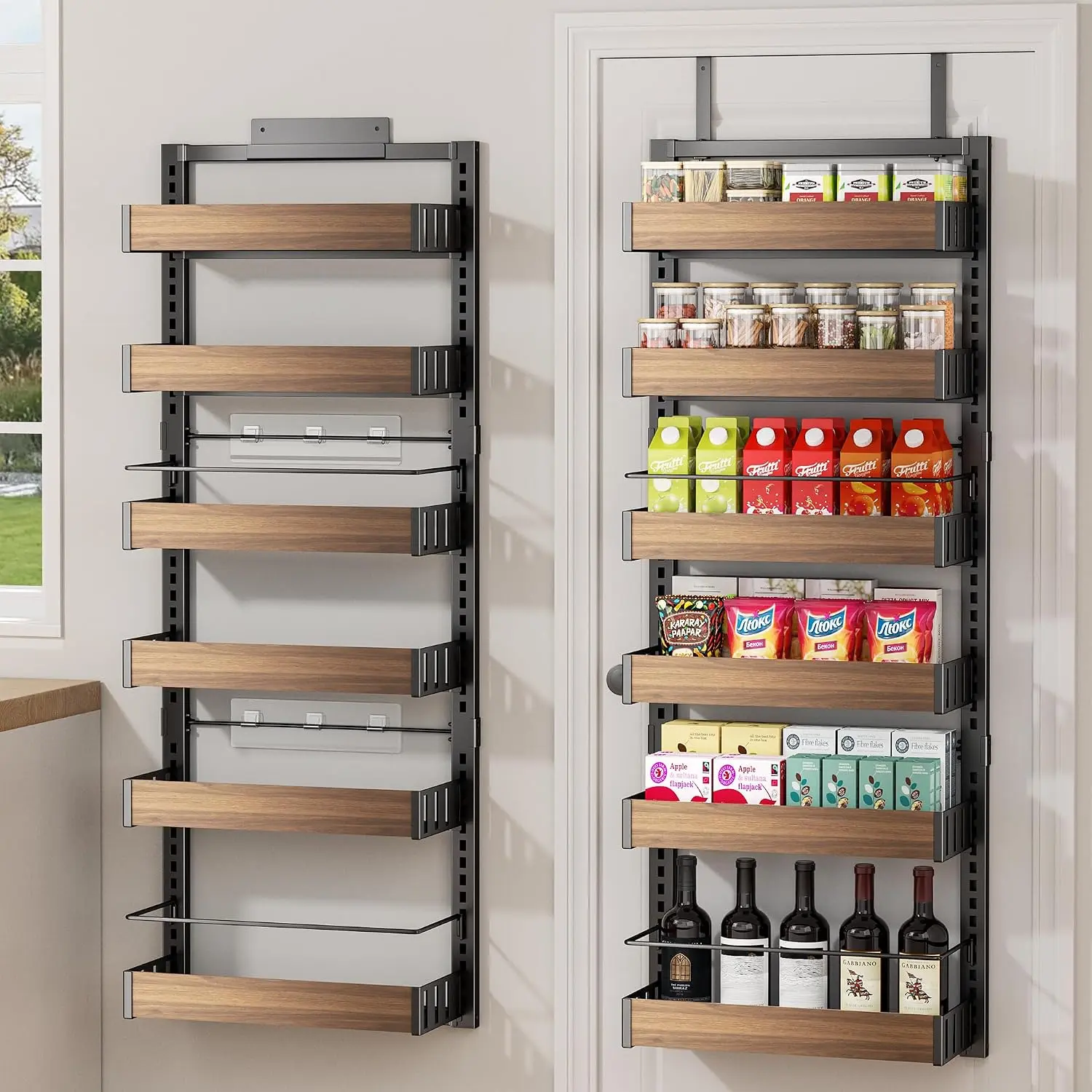 6 Tier Over The Door Pantry Organizer, 2-in-1 Door  or Wall Mounted  Rack, Large Heavy Duty Pantry Door Storage Seasoning Shelves with Adjustable Basket for Kitchen Bathroom Closet