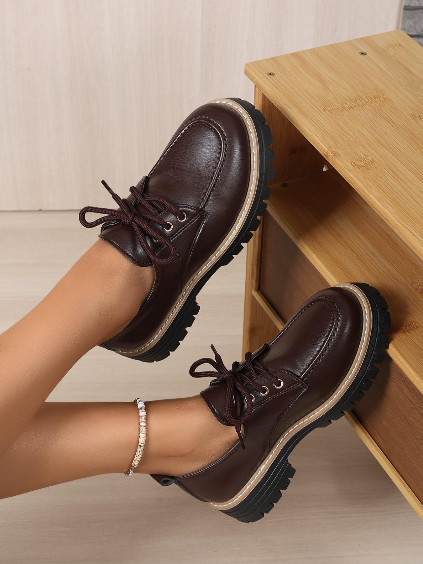 Women's Fashionable Solid Color Lace Up Loafers, Casual Comfortable Round Toe Office Commuting Shoes for Daily Wear, Lightweight Breathable Shoes for Women & Girls, Closed, Casual Business Shoes