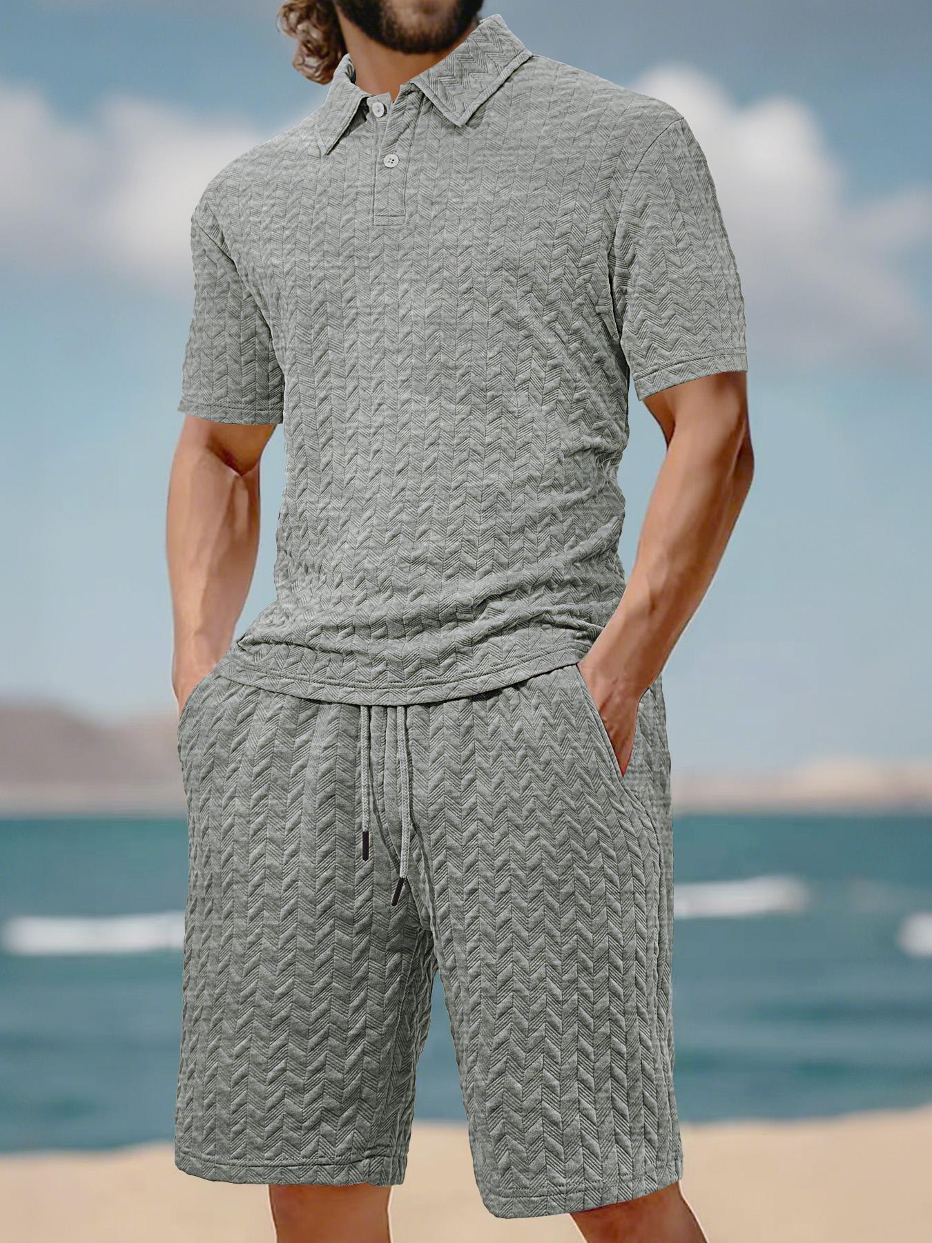 Men's Solid Polo Shirt & Drawstring Waist Shorts Set, Cozy Breathable Casual Two-piece Outfits for Daily Outdoor Wear, Men Clothes for Summer, Menswear