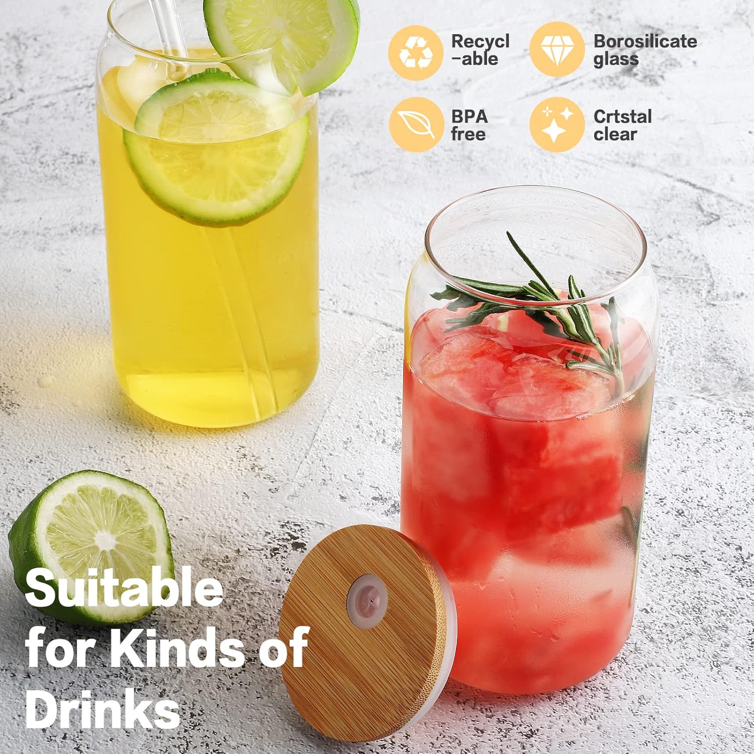 Glass Cups with Bamboo Lids and Straws 4pcs Set, 16oz Can Shaped Drinking Beer Glasses, Iced Coffee Cups, Cute Tumbler with 1 Cleaning Brush, Ideal for Cocktail, Whiskey, Tea, Gift